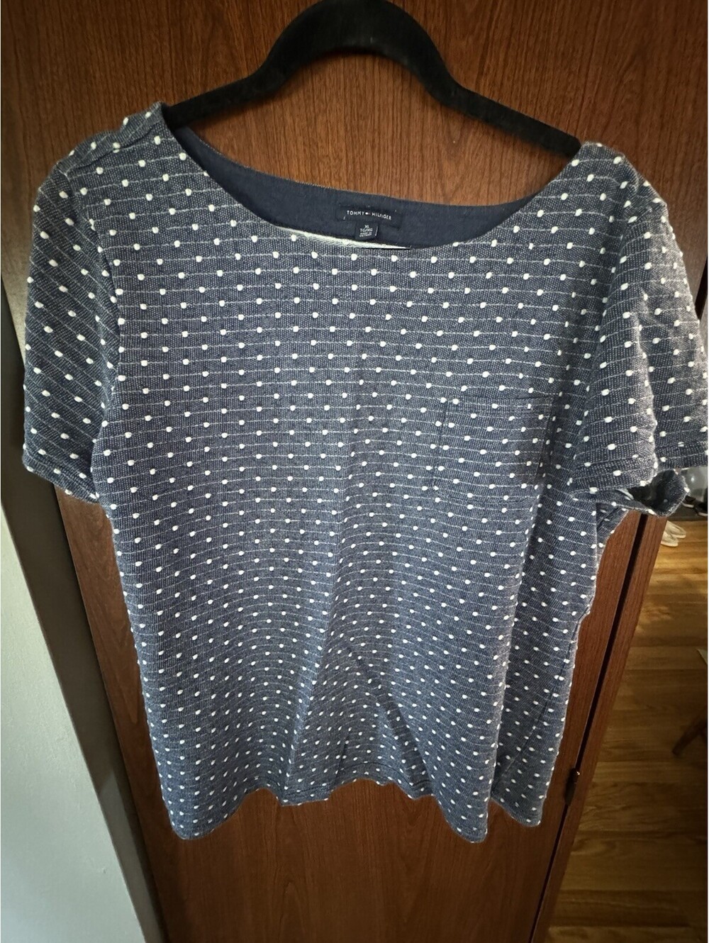 Tommy Hilfiger Mens XL Navy White Polka Dot Textured Knit Short Sleeve Shirt